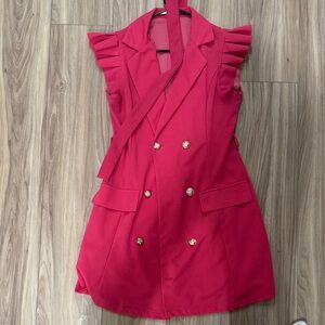 Sleeveless Ruffled Shoulder Double-Breasted Dress - Hot Pink